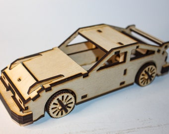 toy car laser cut svg dxf file DIY 3D vector model 3mm plywood turnable wheels laser cutter, no glue