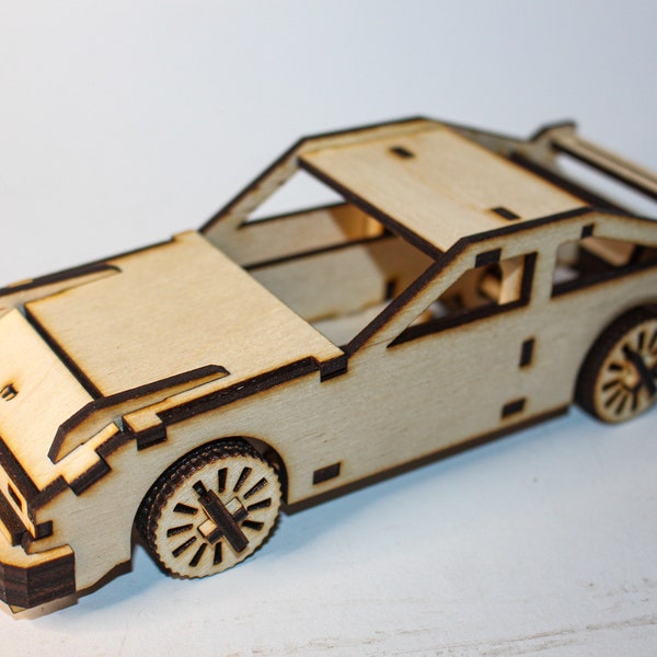 toy car laser cut svg dxf file DIY 3D vector model 3mm plywood turnable wheels laser cutter, no glue