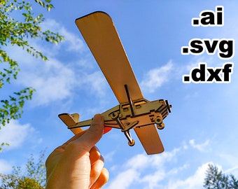 small toy airplane model for laser cut, ai svg dxf file, DIY 3D vector model 3mm plywood, no glue, build and play