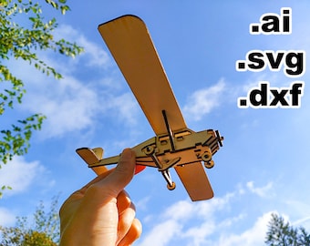 small toy airplane model for laser cut, ai svg dxf file, DIY 3D vector model 3mm plywood, no glue, build and play