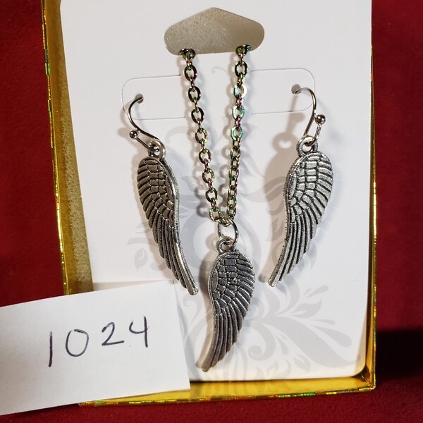 Feathered Angel Wings, Angel Wings, Necklace and Earrings Set