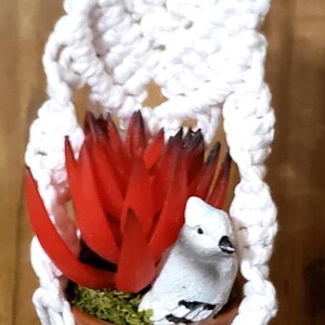 May include: A white macrame plant hanger with a small terracotta pot holding a red succulent and a small bird figurine. The hanger is attached to a metal ring. The tag reads "9050".