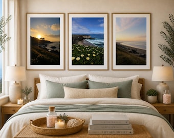 Fuga tranquilla sulla costa / Set di 3 stampe artistiche da parete a tema costiero, stampe fotografiche di spiagge, decorazioni murali con oceano, arte naturalistica sui toni del blu neutro