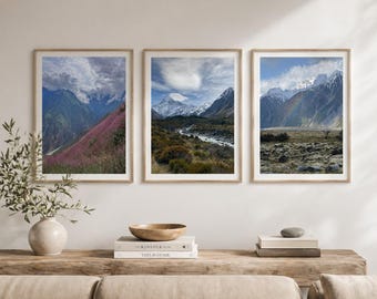 Maestose Montagne / Set di 3 stampe artistiche da parete con immagini di montagne, fotografie di paesaggi, decorazioni murali a tema natura, arte neutra ispirata ai viaggi.