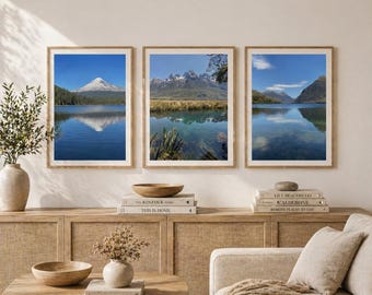 Riflessi di montagna / Set di 3 stampe artistiche da parete con lago e montagna, stampe fotografiche di paesaggi, decorazioni naturalistiche, arte con acque tranquille