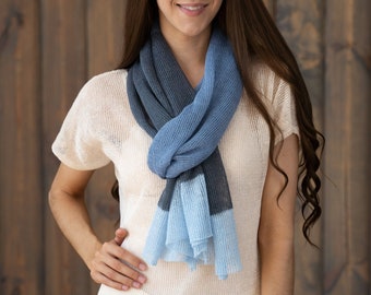 Linen scarf, knitted woman shawl, grey blue summer wrap, spring season accessories, long knit multicolor design, minimalism style knitwear