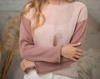 Versatile melange pink linen sweater, blended pink knit jersey top with long sleeves, pastel pink shade summer jumper, linen sheer knitwear