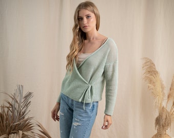 Delicate jacket in mint green, vegan natural blend wraparound, chic ladies linen spring cardigan , tie front cardigan in pastel light green