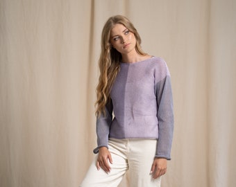 Vegan linen knitted top, purple knitted sweatshirt for summer, lavender sheer blouse with boatneck, linen loose fit tunic with long sleeves