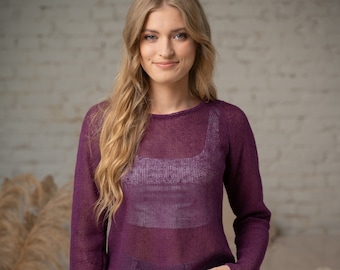 Maglione estivo trasparente, maglione di lino lavorato a maglia viola, elegante pullover a maglia accogliente color prugna, camicia traspirante dalla vestibilità regolare per l'estate, top raglan in maglia