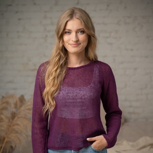 Ready to ship, S size Linen Knit Sweater, Violet Cozy Knit Pullover, Breathable Plum Raglan Top for Summer, Stylish Regular Fit Shirt