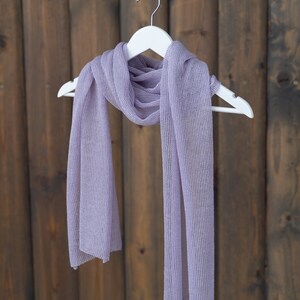 Violet linen scarf, knitted summer wrap, light violet woman shawl, spring accessories, natural material knitwear, minimalism design scarf image 2