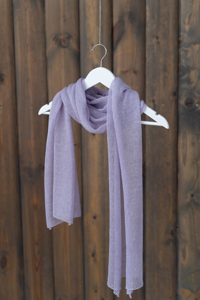 Violet linen scarf, knitted summer wrap, light violet woman shawl, spring accessories, natural material knitwear, minimalism design scarf image 2