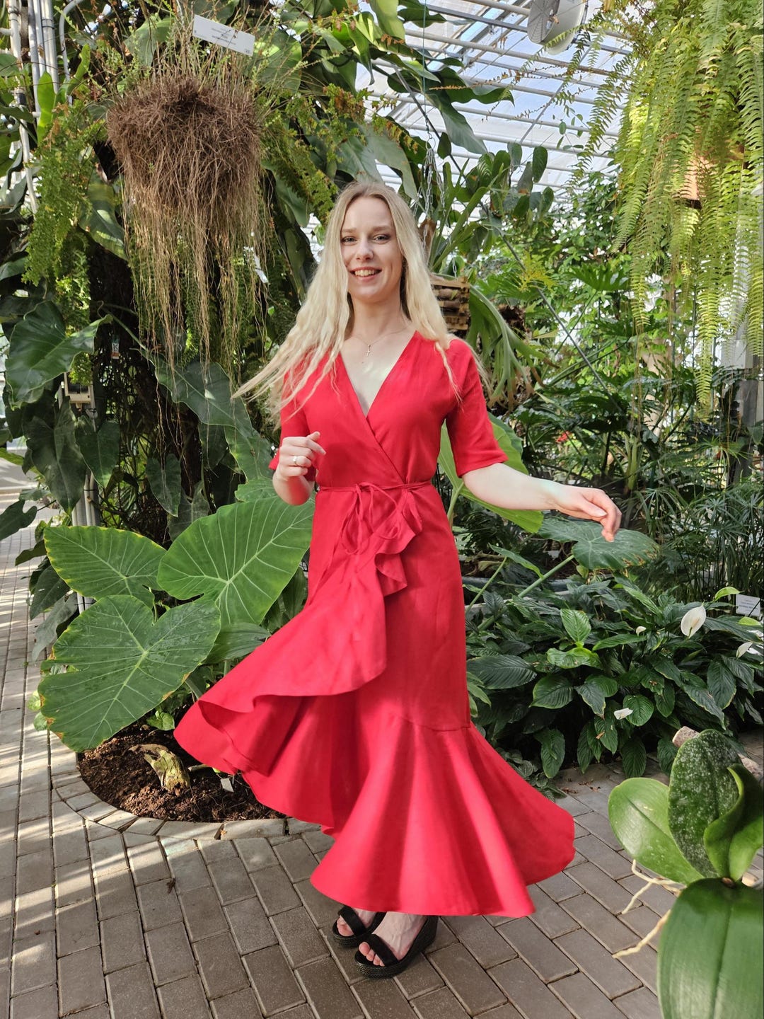 red ruffle wrap dress Red Linen Wrap Dress with Ruffle Hem, Elegant Summer Dress