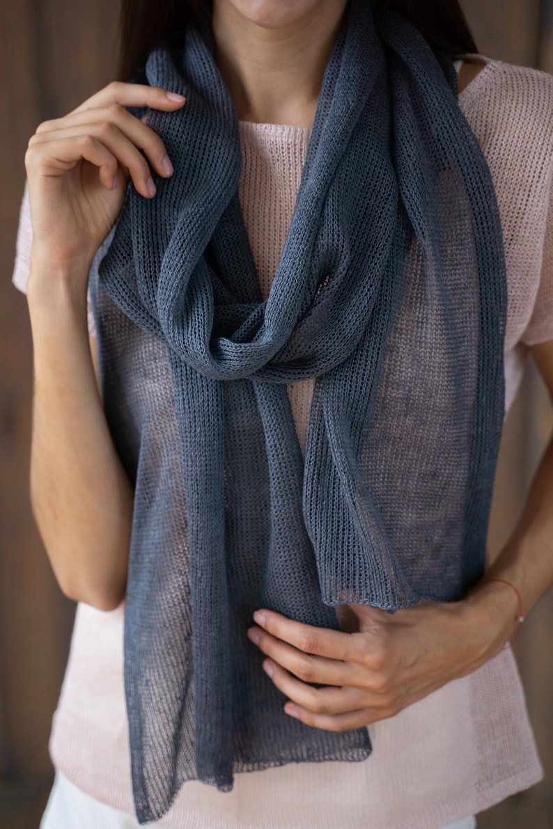 Grey summer scarf, knitted linen shawl, dark metallic grey color accessories, natural material woman knitwear, girl spring season scarves image 1
