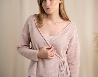 Cardigan a portafoglio aperto da donna, maglione avvolgente in vita con lacci in lino in rosa pallido, giacca avvolgente in lino lavorato a maglia con cintura in vita, giacca da sposa rosa pastello