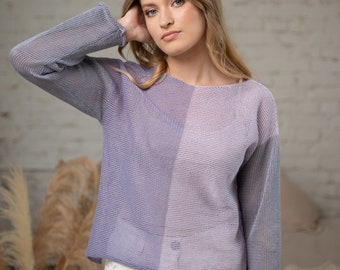 Vegan linen knitted top, purple knitted sweatshirt for summer, lavender sheer blouse with boatneck, linen loose fit tunic with long sleeves