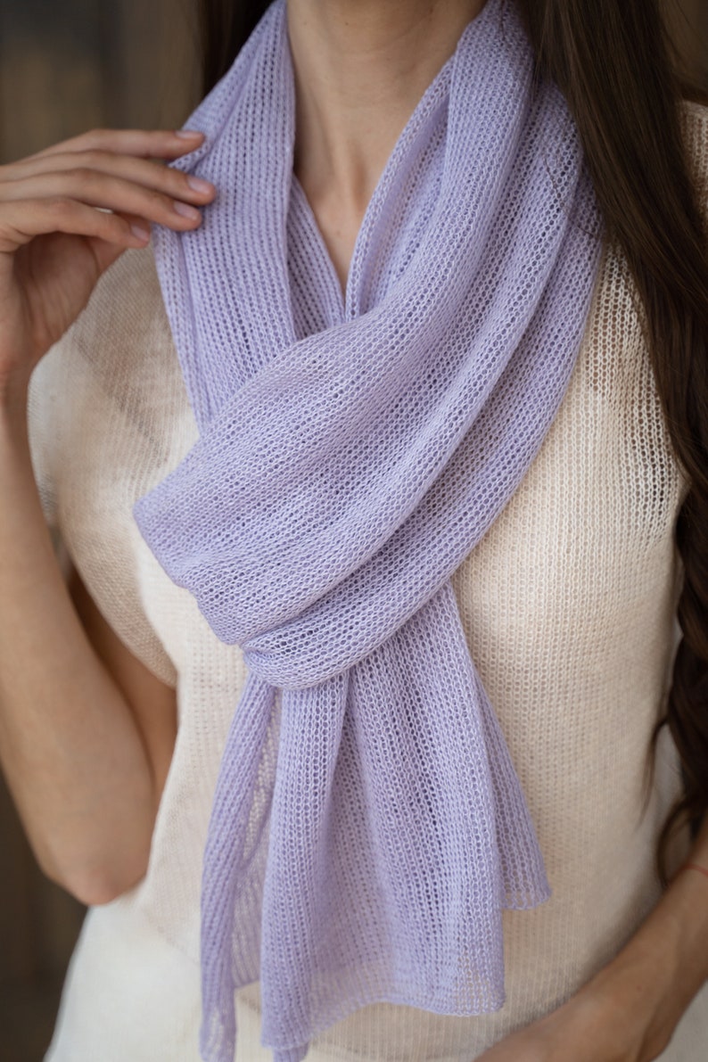 Violet linen scarf, knitted summer wrap, light violet woman shawl, spring accessories, natural material knitwear, minimalism design scarf image 4