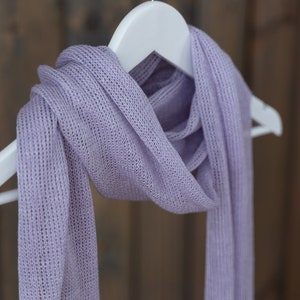 Violet linen scarf, knitted summer wrap, light violet woman shawl, spring accessories, natural material knitwear, minimalism design scarf image 1