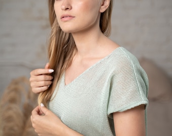 Camicetta di lino slouchy da donna, maglietta con trama in maglia di lino dalla vestibilità ampia in verde chiaro, top tunica di lino oversize per l'estate, maglietta elegante color menta