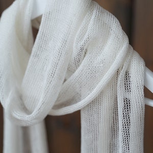 Linen scarf, white handmade scarf, woman summer accessories, natural material shawl, sustainable knitwear image 2