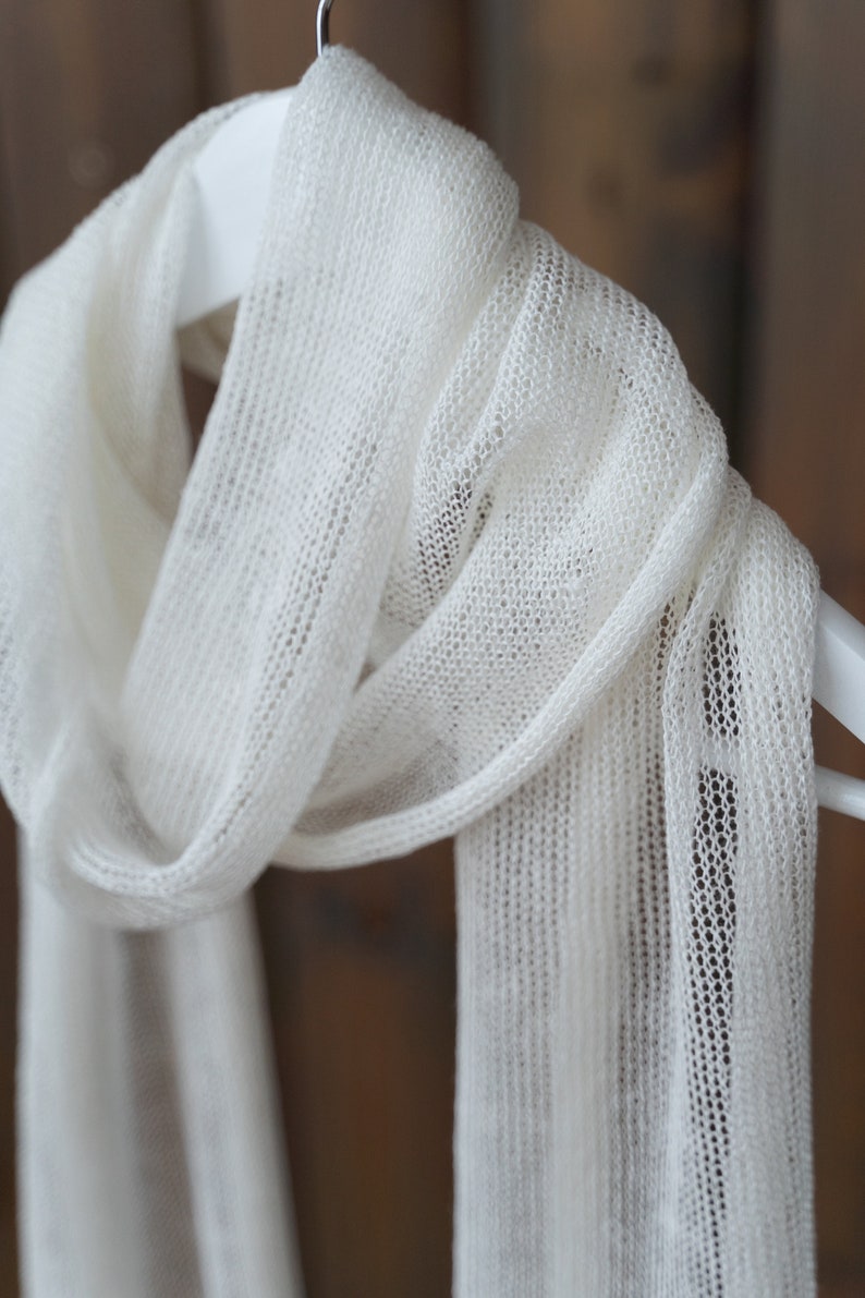 Linen scarf, white handmade scarf, woman summer accessories, natural material shawl, sustainable knitwear image 2