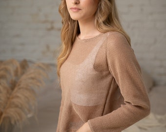 Light brown linen sweater, versatile linen raglan pullover, earthy linen jumper, soft beige classic style linen knit sweater, cozy knit top