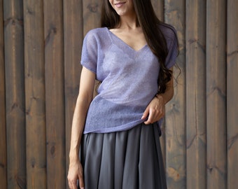 Linen T-shirt, knitted V-neck top, kimono shirt with, knit oversized top, minimalist tee, lavender color summer blouse, handmade knitwear