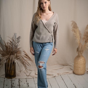 SALE - Ready to Ship, S sizes,  Linen Cardigan - Tie Front sweater, Lightweight Wraparound Jacket, Relaxed Fit Linen Wrap Sweater in Neutral