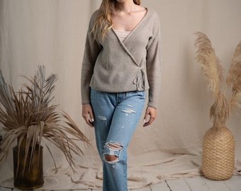 Linen Knit Wrap Cardigan - Tie Front, Neutral Sweater