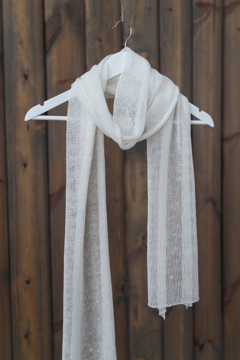 Linen scarf, white handmade scarf, woman summer accessories, natural material shawl, sustainable knitwear image 1