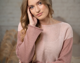 Versatile maglione di lino rosa melange, top in jersey lavorato a maglia rosa misto con maniche lunghe, maglione estivo in tonalità rosa pastello, maglieria velata di lino