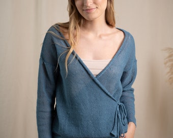 Cardigan frontale con lacci in lino lavorato a maglia, maglione avvolgente in lino con trama a maglia, cardigan kimono trasparente da donna, maglia estiva leggera in denim