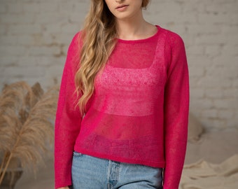 Woman linen shirt, sustainable knitted sweater, breathable raspberry raglan jumper, organic turtleneck sweatshirt, chic rose pink jersey top