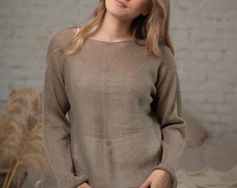 Casual elegant linen sweater, knit summer sweatshirt in brown, pure linen versatile long sleeve shirt, sand grey linen mesh blouse for woman
