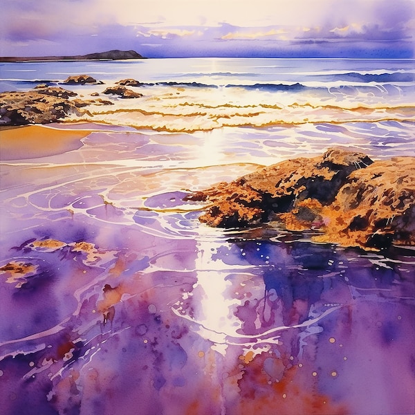 Riptide Reflections Watercolor Painting | Ocean Beach Painting | Printable Wall Art | Digital Download