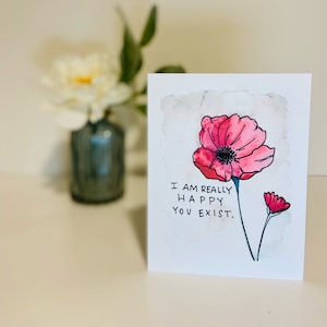 Tarjeta inspiradora - Happy You Exist - Tarjeta en blanco de acuarela original