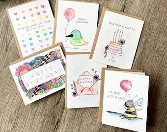 Birthday Cards - Watercolor Birthday Cards - 6 or 12 Pack Watercolor Blank Cards