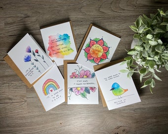 Inspirational Positive Cards - Well Wishes Series - 6 or 12 Pack Watercolor Blank Cards