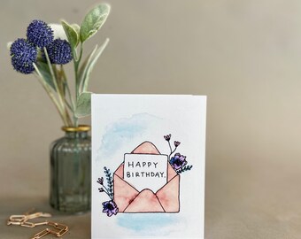 Birthday Card - Floral Envelope - Original Watercolor Blank Card
