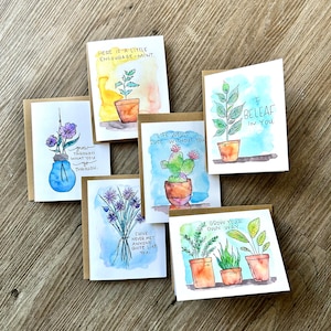 Juego de tarjetas inspiradoras - Serie Planta - Paquete de 6 tarjetas en blanco de acuarela