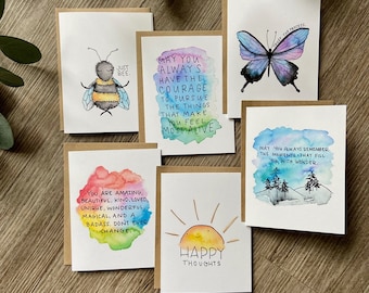 Inspirational Positive Cards - Well Wishes Series 2.0 - 6 or 12 Pack Watercolor Blank Cards