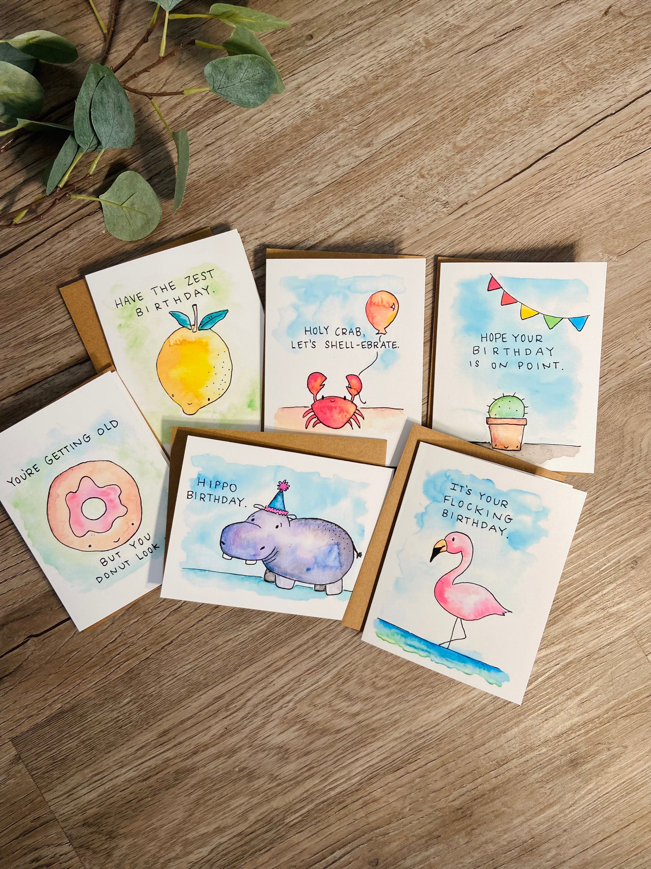 Punny Birthday Cards - Funny Birthday Set - 6 or 12 Pack Watercolor Blank Cards