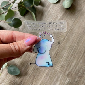 Adesivo de decalque transparente de elefante de amor próprio, mini adesivo de vinil, adesivo estético