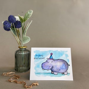Cartão de trocadilho de aniversário - Aniversário de hipopótamo - Cartão em branco aquarela original