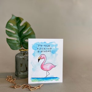 Cartão de trocadilho de aniversário - Feliz aniversário reunido - Cartão Flamingo - Cartão em branco aquarela original