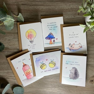 Lustige süße Liebeskarten - Punny Love Serie - 6 oder 12Er Pack Aquarell Blanko Karten