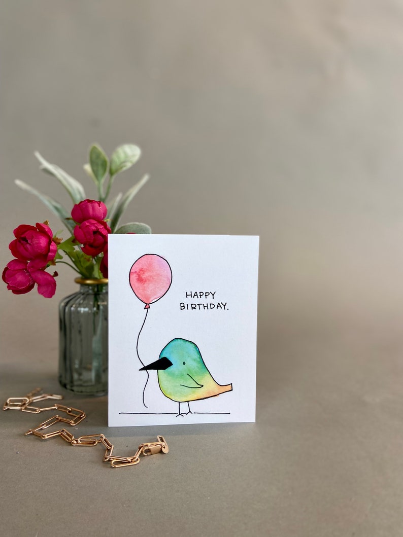 Birthday Card - Happy Birthday - Bird and Balloon - Original Watercolor ...