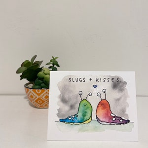 Punny Love Card - Slugs + Kisses - Carte vierge originale Aquarelle