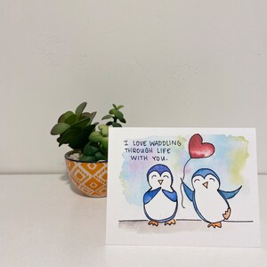 Punny Love Card - Pingouins - Carte vierge aquarelle originale